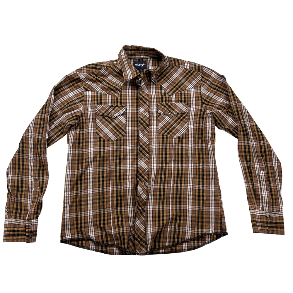 Vtg Wrangler Shirt Mens Medium Pearl Snap Western Plaid Brown Rodeo Cowboy Retro